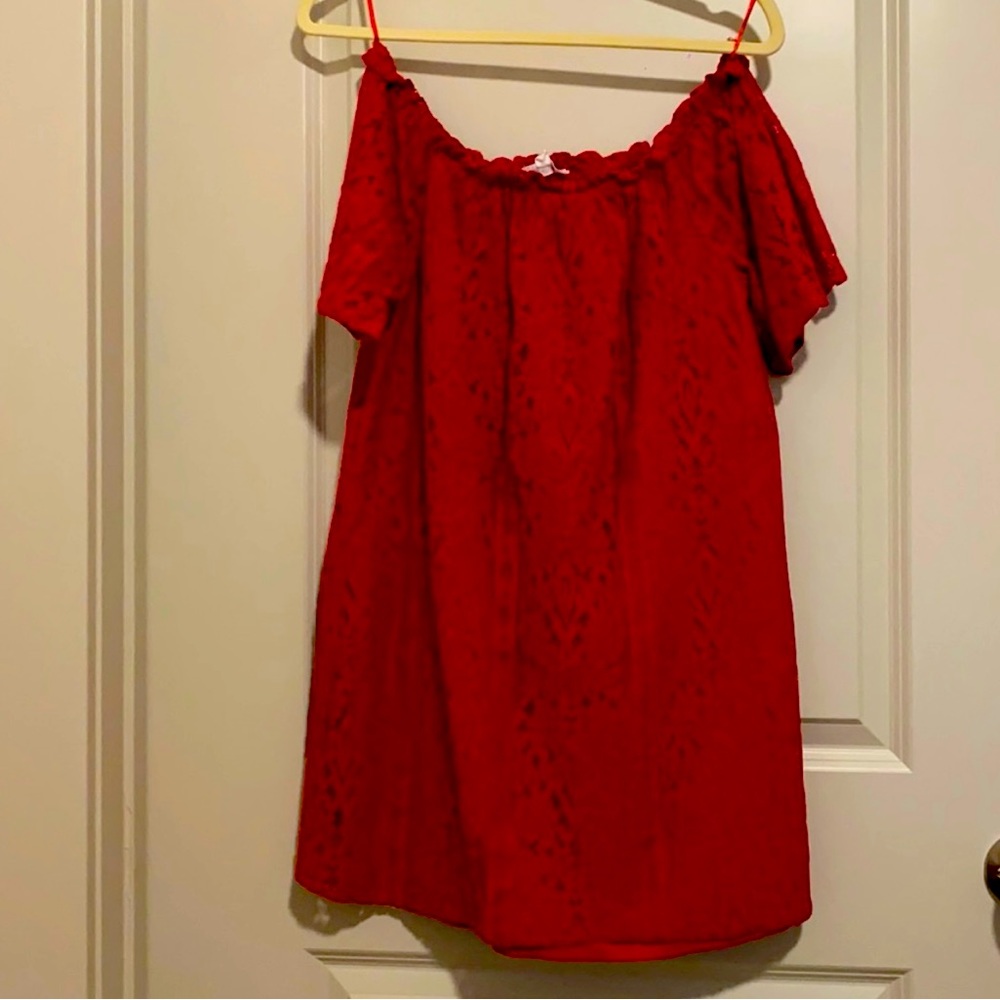 BB Dakota Off the Shoulder Red Lace Shift Dress - Picture 3 of 5